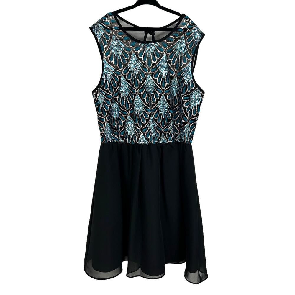 Love Reign Girls Blue & Gold Sequin Abstract Print Skater Dress Juniors 7